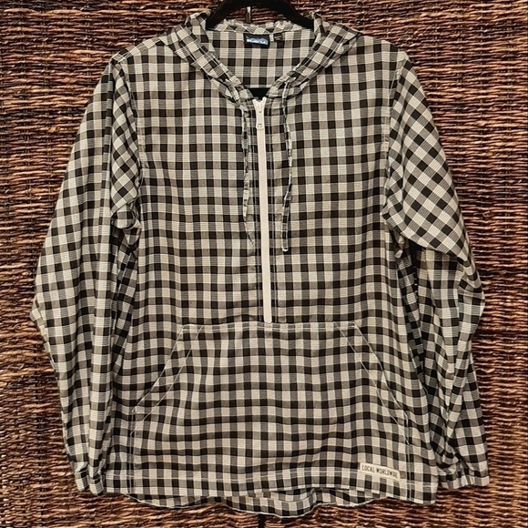 Kavu Jacket Black and White Plaid Half Zip Hooded Pullover Lightweight Large - Picture 1 of 8